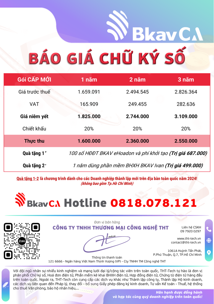 Bảng giá chữ ký số BKAV CA